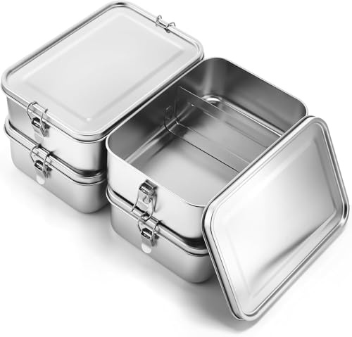 4 contenitori per alimenti in acciaio inox, 2400 ml, contenitori per il pranzo bento in acciaio inox, con clip bloccabili a prova di perdite, riutilizzabili, per lavastoviglie e snack per lavoro