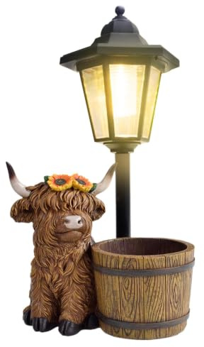 2026 Garden Highland Cow Statues with Solar Lantern Flowerpot Outdoor Decoration, Solar Outdoor Floor Lamp with Planter, Waterproof LED Garden Light Post, Warm White Auto On/Off Dusk to Dawn