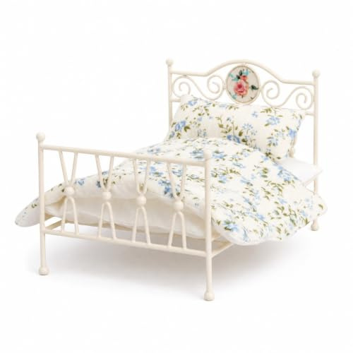PETSOLA Puppenbett aus Metall Vintage Puppenbett Stabil Puppenmöbel für Sammler, Weiß, Retro Eisenbett Mit Weißem Hintergrund Und Blauen Blumenmuster