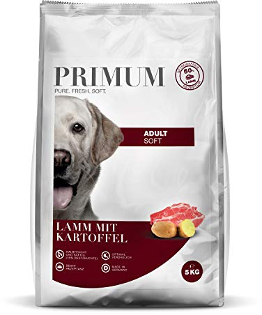 PRIMUM – Soft Adult | Halbfeuchtes Hundefutter mit 70% frischem Fleisch für ausgewachsene Hunde. Getreidefreies Alleinfutter ohne Zusatzstoffe im Beutel | 5kg Lamm mit Kartoffel