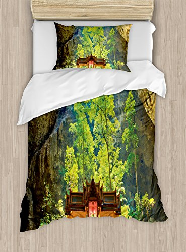 Ambesonne Natural Cave Duvet Cover Set, Latent Pavilion in Between The Cliffs Discovery of Faith in The Nature Picture, Decorative 2 Piece Bedding Set with 1 Pillow Sham, Twin Size, Multicolor