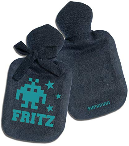 Personalisierter Wärmflaschen-Bezug für Jungen Männer Mann mit Namen und Motiv Alien Pixel Invader von SupaRina, Farben und Motiv nach Wahl, kalt oder warm befüllbar, weicher Fleece, auch mit Flasche