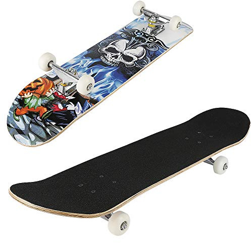 Skateboard Komplettboard Mit ABEC-7 Kugellager, Skateboards mit Schädelmuster Langlebig für Kinder Erwachsene Anfänger