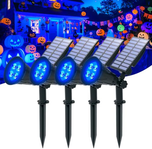 T-SUNUS Solar Landscape Spotlights Outdoor, Blue LED Solar Spot Lights Adjustable Panel, 2 Lighting Modes, Auto On/Off, IP65 Waterproof, 2-in-1 Ground & Wall Mount for Yard Garden Pathway 4 Pack