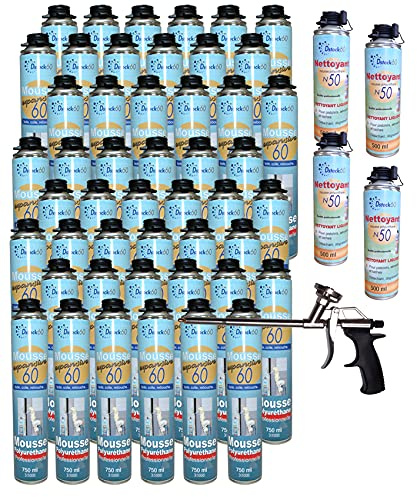 Dstock60 - ENSEMBLE DE 48 MOUSSES EXPANSIVES PISTOLABLES 750 Ml + 1 PISTOLET + 4 NETTOYANTS MOUSSE - Mousse polyuréthane professionnelle - Isole, colle et rebouche - Extérieur et intérieur