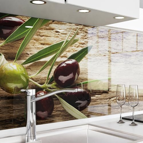 danario Küchenrückwand selbstklebend - Glasoptik - Spritzschutz Küche - versteifte PET Folie - 0,8 mm - Oliven - 60cm x 280cm