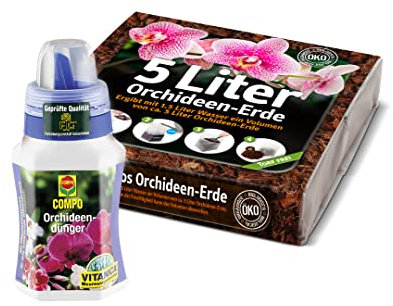 Orchideen-Set für Umtopfen | Orchideentopf Mischung 5L | Orchideendünger 0.25L | Für alle Orchideenarten | Stimuliert das Wurzelwachstum | Für gesundes Wachstum | Set für den Gärtner