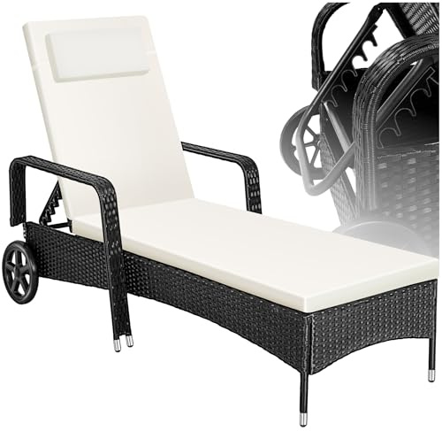 tectake® Chaise Longue Bain de Soleil en Resine Tressee Résistant Inclinable avec Roulettes Transat Salon de jardin exterieur Mobilier de Jardin Chaise Longue Piscine Plage - Noir/Beige