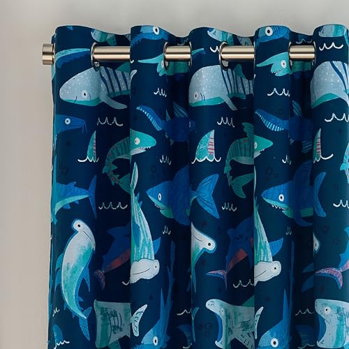 Catherine Lansfield Kids Jawsome Shark Fully Reversible 66x72 Eyelet Curtain Two Panels Navy Blue