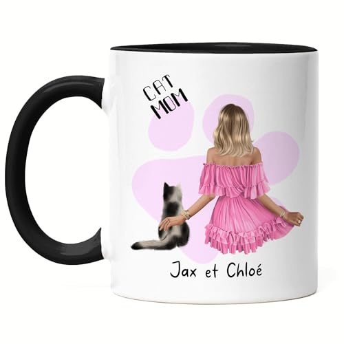 Kiddle-Design Katzenbesitzer Tasse Schwarz Personalisiert Geschenk für Katzenmama Katzenliebhaber Katzenhalter Frau Cat Mom Katzenfreund Haustier Herrchen