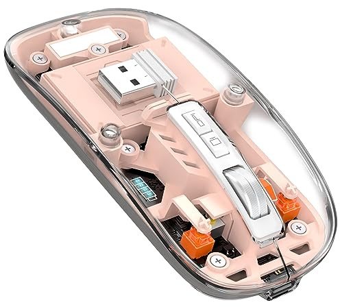 MAGIC-REFINER Uppladdningsbar trådlös mus, 2,4 Ghz och Bluetooth 5.0 tyst trådlös mus ultratunn optisk mus 2400 DPI, transparent spelmus, synligt batteri, för bärbar dator/PC/Mac, rosa
