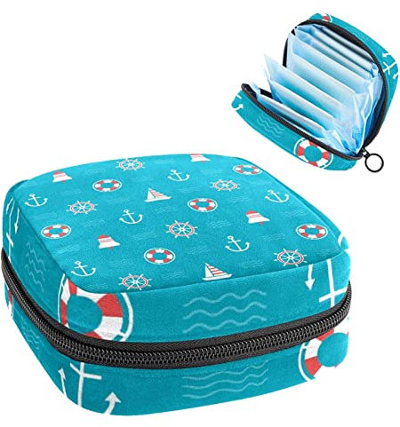 Nautical Anchor Lifebuoy Compass Blue Period Pouch Portable,Tampon Storage Bag for Sanitary Napkins
