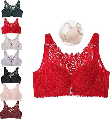 Floral Bra, Floral Comfort Rose Bra Front Closure Lace Comfy No Wire Bras, Comfortable Push up Bra (Red,40/90E)