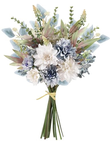 Pusuny Bouquet di fiori finti per decorazione, composizioni floreali in seta, bouquet da sposa, tavoli, centrotavola per la decorazione rustica della casa, vaso floreale da interni (blu bianco)