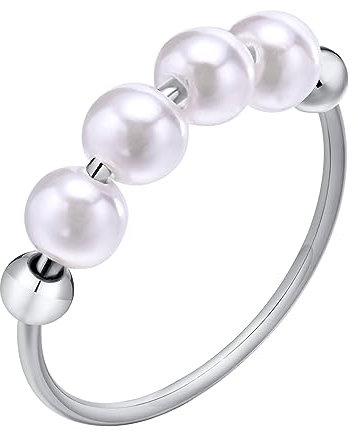 PAMTIER Damen Edelstahl Perlenring Zierlicher Statement-Ehering Stapelbare Ringe mit kleinem Finger Silber Größe 57