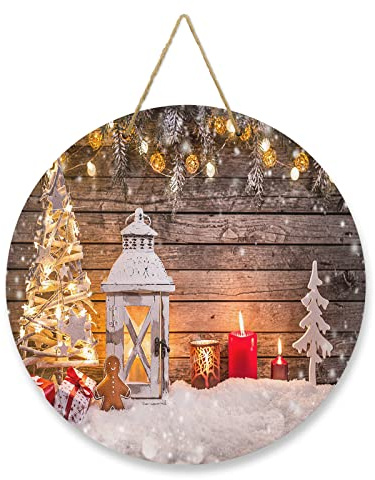 Haustür Willkommensschild Weihnachten Winter Urlaub Rund Holz Hängeschild für Zuhause Outdoor Indoor, Stechpalme Scheune Holz Einweihungsgeschenk für Veranda Dekor Kranz Türschilder 20 x 20 cm