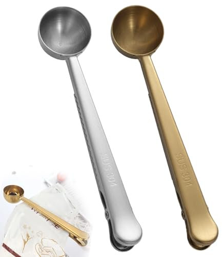 2 Pcs Coffee Scoop Bag Seal Clip, 2 in 1 Sealing Coffee Spoon, Stainless Steel Coffee Measuring Spoon Clip, Long Handle Coffee Scoop Clip, for Coffee Beans, Milk Powder Accessories