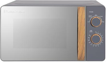 Russell Hobbs RHMM713G - Microondas manual compacto de 17 l y 700 W, estilo escandinavo, 5 niveles de potencia, maneta y diales con efecto madera, temporizador, función de descongelación, gris