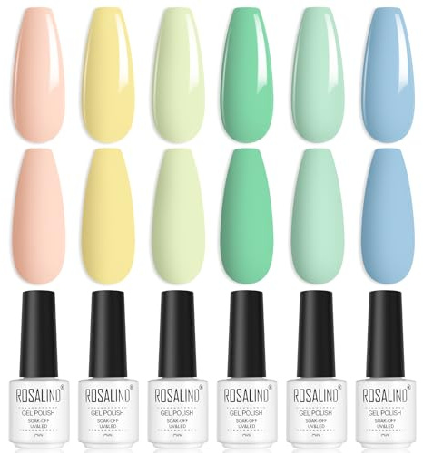 Rosealind UV-nagellack, 6 färger: Rosa, Gul, Grön, Blå, Gel Nagellack Set Blötläggning UV Gel Nagelpolish för Nybörjare