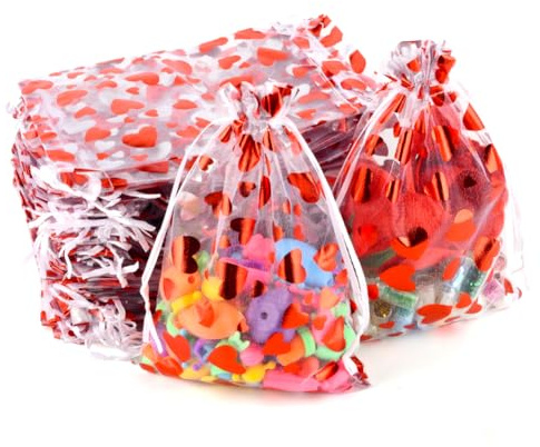 PLECUPE 100 Stück Organzasäckchen 15x20cm Organzabeutel Hochzeit Säckchen Herz, Kleine Beutel mit Zugband, Organzabeutel Schmuckbeutel Valentinstag Geschenktüten für Festival Party Weihnachten.