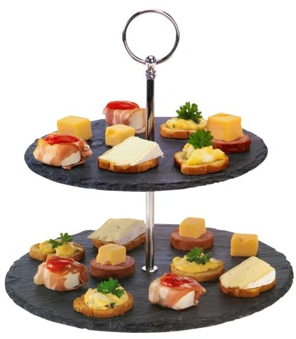 DTD QUALITY MATTERS 2-Tier Natural Slate Food Stand - Serving Platter for Desserts, Appetizers, Weddings, Birthdays, Parties, Holidays - Sturdy Display for Cakes - Black