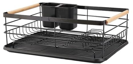 Dish Drainer Rack with Removable Drip tray, Metal Plate Cutlery Pot and Pans Drying Rack for Kitchen with Wooden Handle, Dish Drying Rack Cutlery Holder for Countertop Easy Assemble Black (Black)