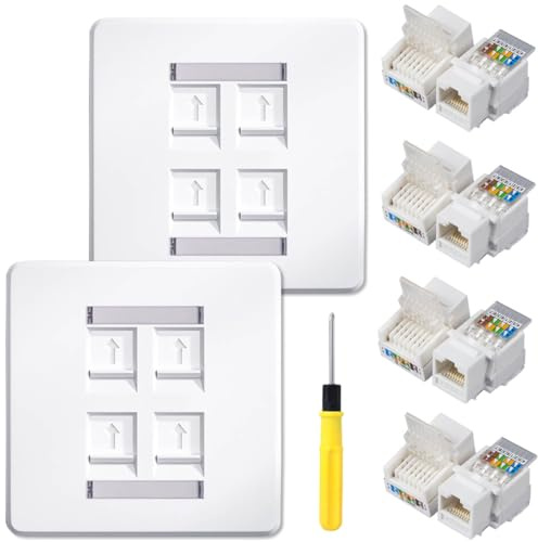 Acmerota Socket Ethernet Faceplate 4-Port CAT6 RJ45 Socket Wall Plate Quad Ethernet Wall Scoket Cable Networking Box, with Tool-Free Network Connector Module