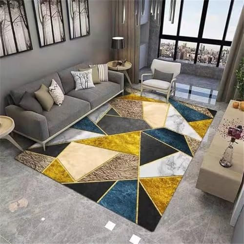 RUGMRZ Teppich Outdoor 160x230CM bettumrandung Waschbare Gold Blau grau modernes geometrisches Muster waschbarer Wohnzimmerteppich