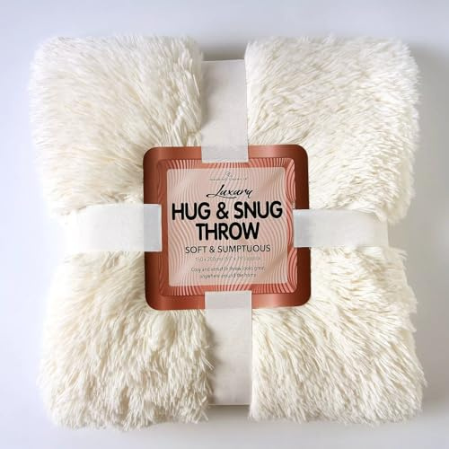 Cuddles Throws Hug & Snug Long Pile Fulffy Fur Fleece Blankets Super Soft Warm Cosy Couch Sofa Settee Bed Sherpa Fleece Throws Travel Multipurpose Large Blankets (Cream, Double - 150x200cm)