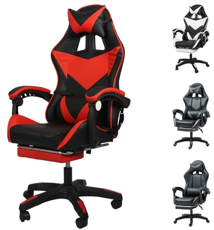 Gaming Chair, Computer Chair with Lumbar Cushion, Headrest, Height-Adjustable Office Chair Gaming Chair for Adults, Girls, Boys (Red, with footrest)