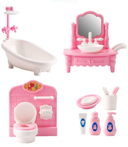 KARLOR Mini Möbel Set Badezimmer, 11 Stück Miniatur Möbel Set, Badewanne Toilette Waschbecken Toilettenartikel,Rosa Zubehör 1:12 Deko （Badezimmer）