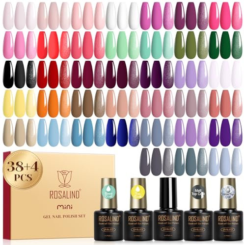 ROSALIND Vernis Semi Permanent, 42PCS Rose Blanc Vert Rouge Violet Gris Couleurs Vernis Gel Semi Permanent, Mini UV/LED Vernis à Ongles Semi-permanent Nail Art Kit