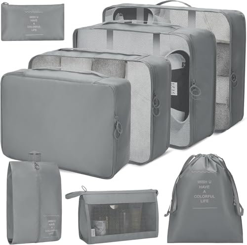 8 Teilige Koffer Organizer Set, Packing Cubes, Kleidertaschen, Packwürfel Set für Urlaub und Reisen,Kleidertaschen, Schuhbeutel, Kosmetiktasche,Grau