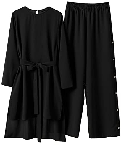 Amxleh Muslimische Kleider Damen 2 Teiler Langärmeliges Top + Lang Hose Ramadan Outfit Muslimisch Einfarbig Zweiteilige Sets Gebetskleidung Naher Osten Türkei Dubai Arabisch Abaya Anzug Gebet Outfits