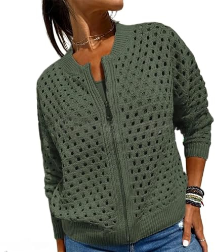 Giacca a maglia traforata casual da donna con cerniera, cardigan estivo leggero con zip, cardigan lavorato all'uncinetto aperto sul davanti, maglione, Verde militare, L