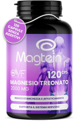 OVF Magnesio Treonato Puro Magtein ® 2000mg 120 Capsule, Magnesio Stanchezza e Sistema Nervoso, Integratore Magnesio L Treonato per Concentrazione, Stanchezza Fisica e Mentale, Senza Zucchero, Vegan