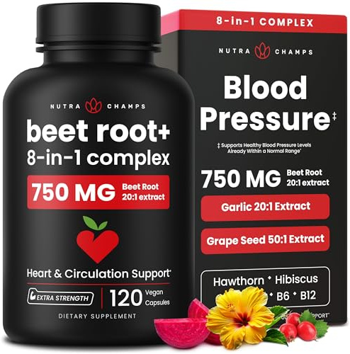 8-in-1 Beet Root Capsules - Healthy Blood Pressure Support Supplement** for Heart & Circulation, Energy Support - Hawthorn Berry, Hibiscus, Garlic & Grape Seed - Beet Juice Alternative - 120 Capsules