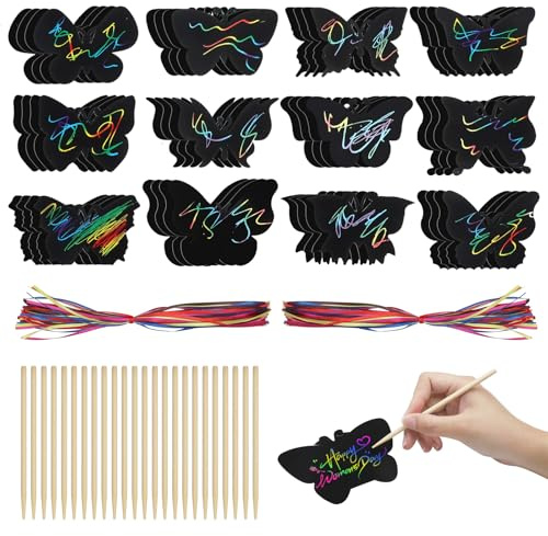 DAWRIS 48 PCS Butterfly Scratch Art for Kids, Magic Cards for Kids, Rainbow Scratch Paper Painting with Ribbon and Bamboo Pen for DIY Party Decoration (12 Patterns)