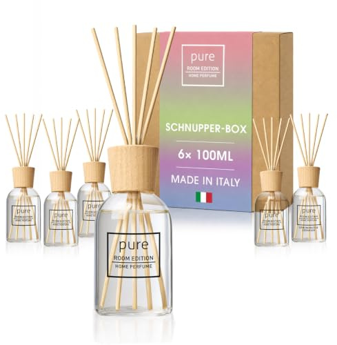 PURE ROOM EDITION Schnupper-Box mit 6 Raumdüften | natürliche Inhaltsstoffe, vegan & tierversuchsfrei, Bio-Alkohol, Diffuser mit Stäbchen hergestellt in Italien