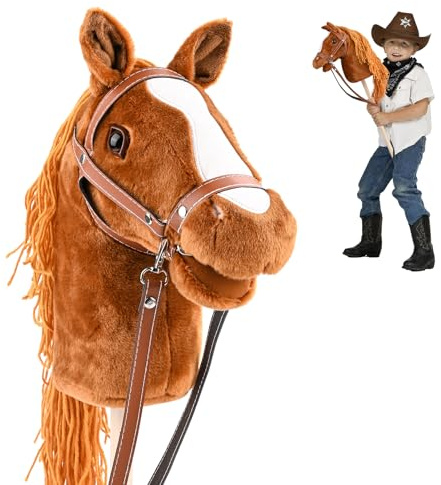 SKUTZTEK Hobby Horse Steckenpferd für Kinder | Mit Abnehmbare Zügel & Realistischere Borsten | Plüschpferd auf Holzstab | Reitspielzeug Für Kinderreitsport, Dressur und Springreite (Braun‌)