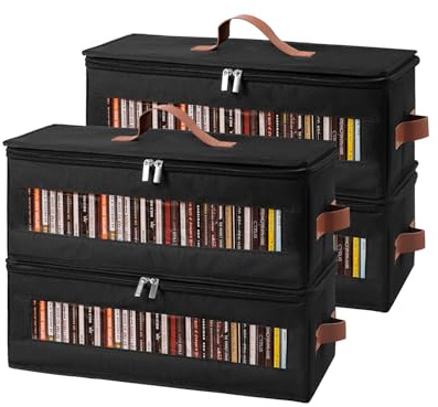 Qozary CD Storage Box - 4 Pack CD Case Holder with Clear Window, Holds 150 Jewel Cases, Media Storage Rack for DVDs, CDs, Video Game Disks, Blu Ray Disc-16.5 × 8.3 × 8 in, Black