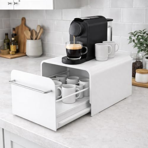 GreenWhim Coffee Machine Stand with Storage Drawer Metal Countertop Organiser Box for Cups and Coffee Accessories, Kitchen Worktop Space-Saving Rack
