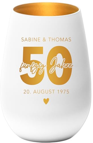 Geschenk Goldene Hochzeit personalisiert Windlicht Glas mit Gravur Hochzeitstag Geschenk Hochzeit Jubiläum 50 Jahre | Weiß