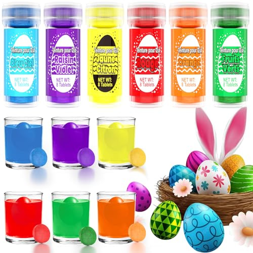 Colorants pour œufs de Pâques - 48 Colorants Alimentaires de Pâques, 6 Couleurs, Faciles à Appliquer, Végétaliens, Comprenant Jaune, Rouge, Bleu, Vert, Orange, Violet