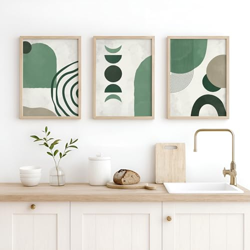 3er Set Poster 50x70 Grün Abstrakt Modern Boho | Kunstdruck Wandbild | 3er Premium Posterset 50x70 | 170g/m² Bilderdruckpapier matt | Modern | Wohnzimmer Schlafzimmer Küche Büro Flur | ohne Rahmen