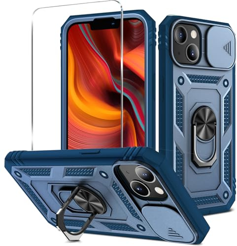 HAONANDE Custodia per Apple iPhone 13 mini 5.4 con 1 Vetri Temperati, Cover Antiurto Grado Militare 360° con Copriobiettivo Scorrevole e Anello Magnetico per Supporto Auto Blu navy