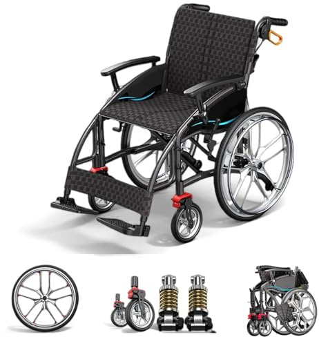 ZQHQKJ Faltbar Leicht Rollstuhl, Outdoor Reiserollstuhl, Klappbar Transportrollstuhl Für Erwachsene, Ergonomischer, Mit Sicherheitsgurt, Selbstfahrer Mit Handbremse, Bis 150 Kg,Modell 05