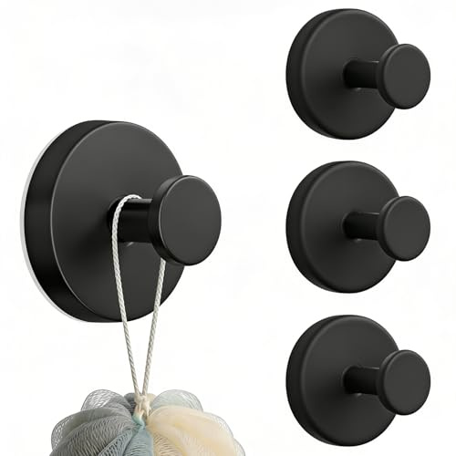 YUNISS Lot de 4 Crochets à Ventouses, RéUtilisable Porte Serviette Ventouse, Sans PerçAge, Ventouses Ultra-RéSistantes, Acier Inoxydable, pour Salle de Bain, Cuisine et Surfaces VitréEs (Noir)
