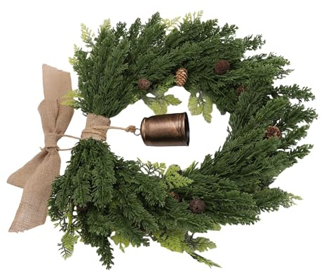 CHICIRIS 19,7 Zoll Großer Künstlicher Zedernkranz, Weihnachtsdekoration mit Vintage-Kuhglocke und Braunem Leinenband, für die Weihnachtsdekoration Im Innen- und Außenbereich