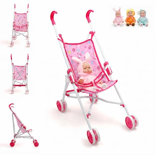 Sillita de Paseo para Muñecas - AMATOYS - Carrito Juguete Plegable - Pack 2 en 1 con Bebé Muñeco - Juego de Imitación y Paseo para Niñas y Niños (Carrito Pink_Bebe Color)